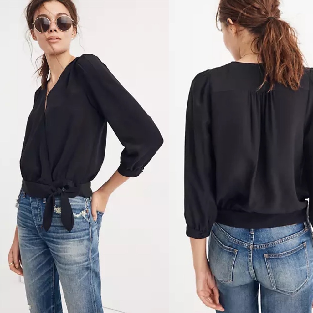 MADEWELL Black Silk Wrap Top Blouse